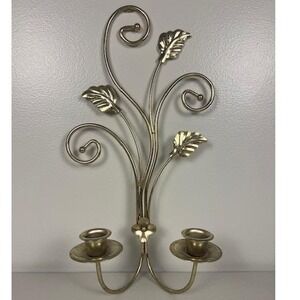 Vintage Home Interior Wall Sconce Double Candle Holder Leaf Gold Tone 14.5"